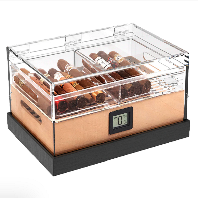 Acrylic Cigar Humidor Desktop Display Rack with Hygrometer and Cedar Wood Tray